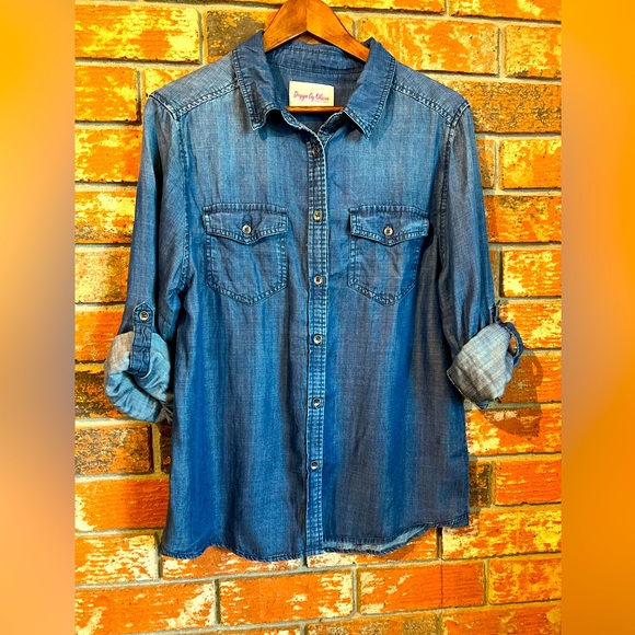 Design By Olivia Chambray Button Down Shirt Tencel Size L Roll Tab Sleeves - Picture 1 of 10